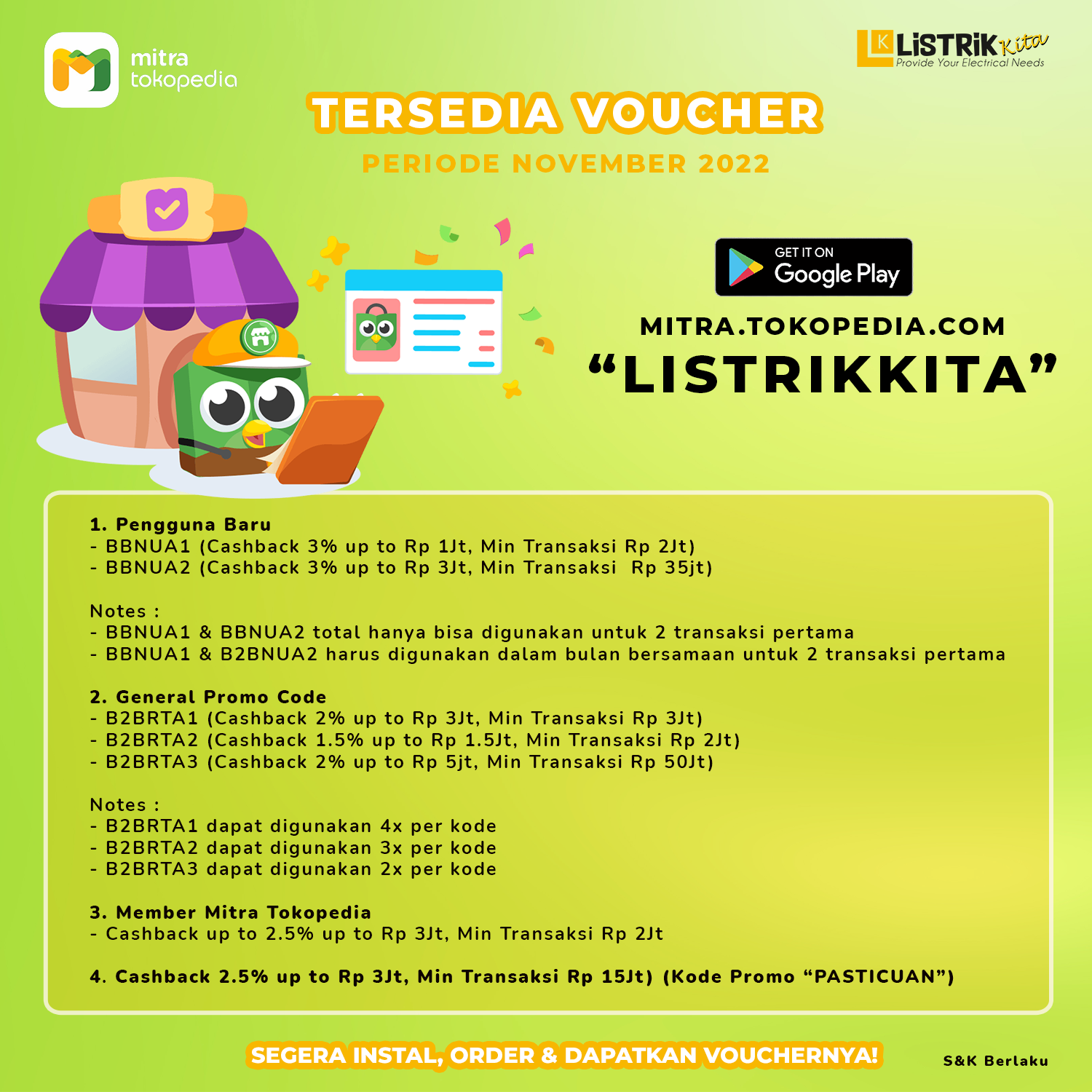 BERLIMPAH VOUCHER BELANJA, DI MITRA TOKOPEDIA LISTRIK KITA